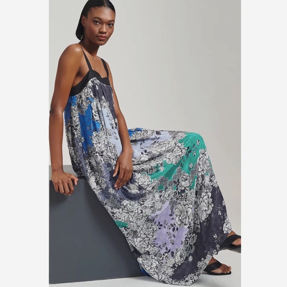 ATSU ANTHROPOLOGIE WOMENS PRINTED MAXI DRESS FLORAL SLEEVLESS SIZE LARGE BLACK - Picture 1 of 10